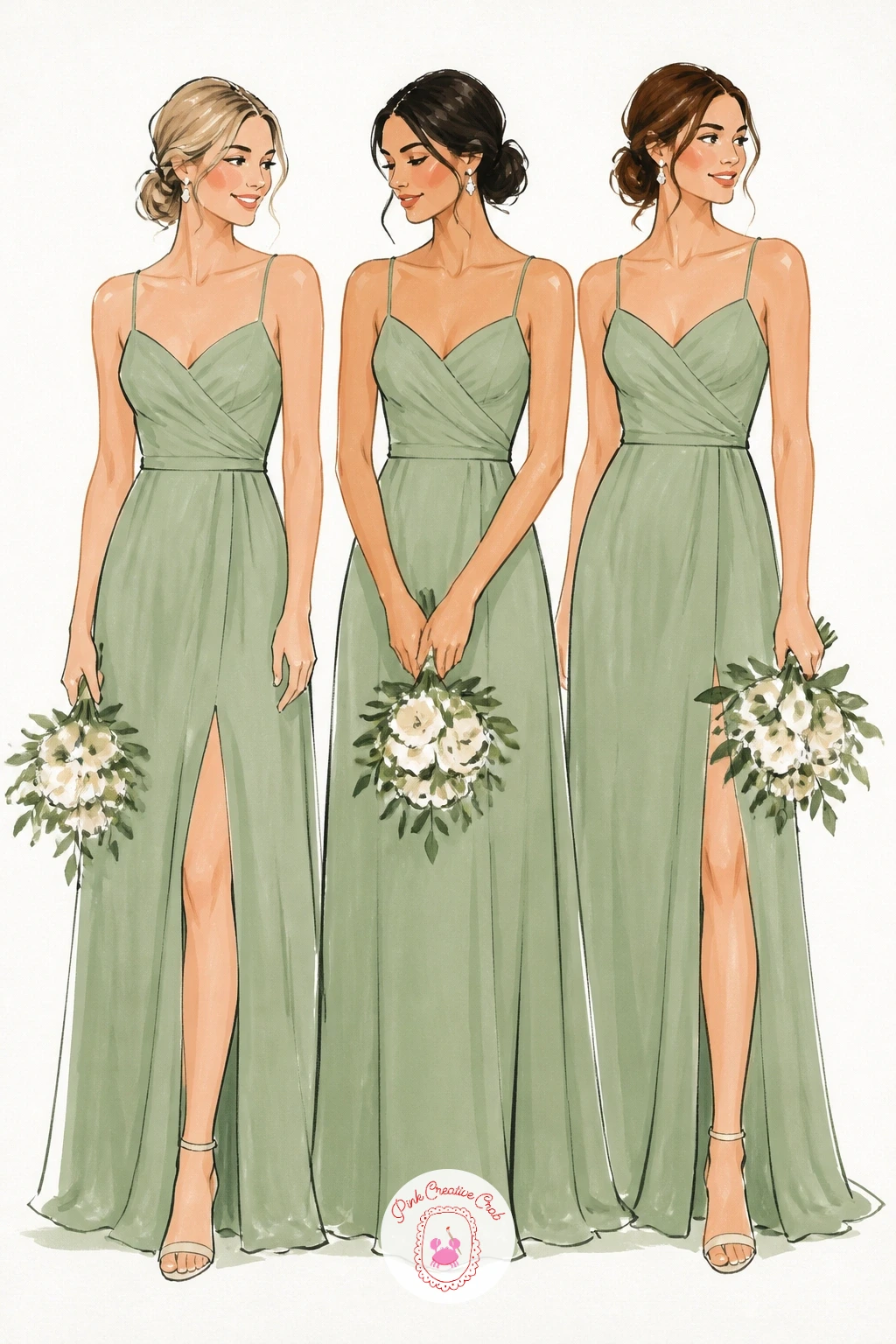 Bridesmaids in a Row of Sage Green Dresses — Painting three bridesmaids in matching sage dresses is really one dress painted three times with small variations