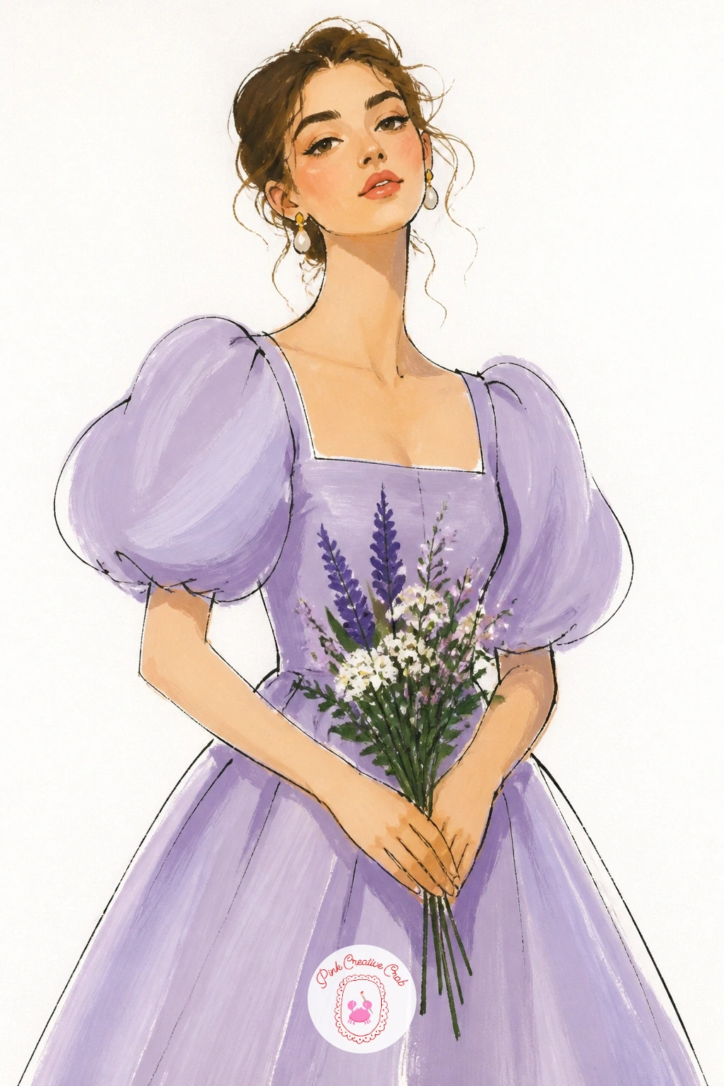 Puff Sleeve Dress Holding Flowers — Come back to a single figure after the bridesmaid trio, and let a girl in a puff sleeve dress holding flowers be your