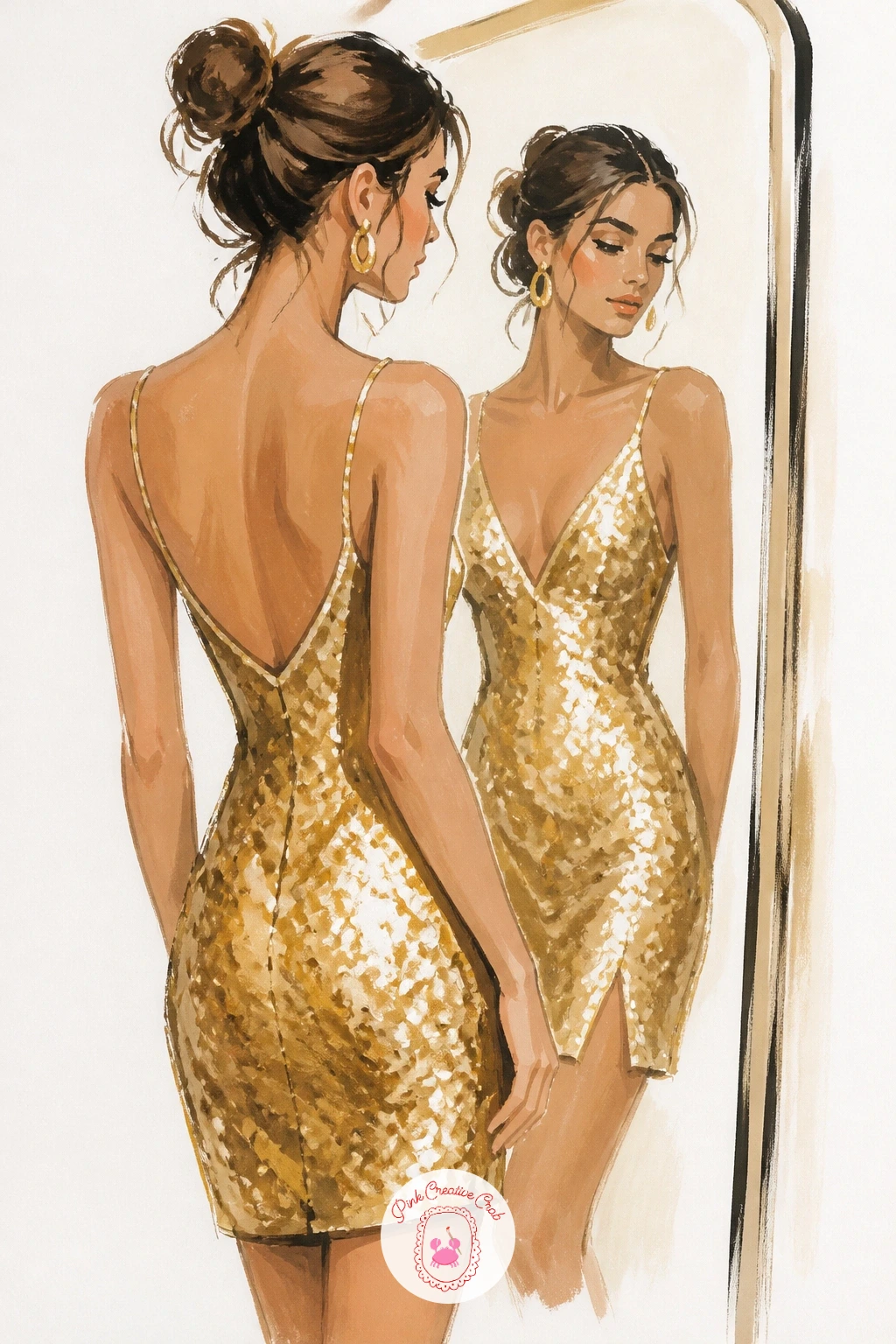 Sequin Party Dress Reflected in a Mirror — Texture is the whole point of a sequin dress, and the trick is dry brush rather than detail. Dress painting
