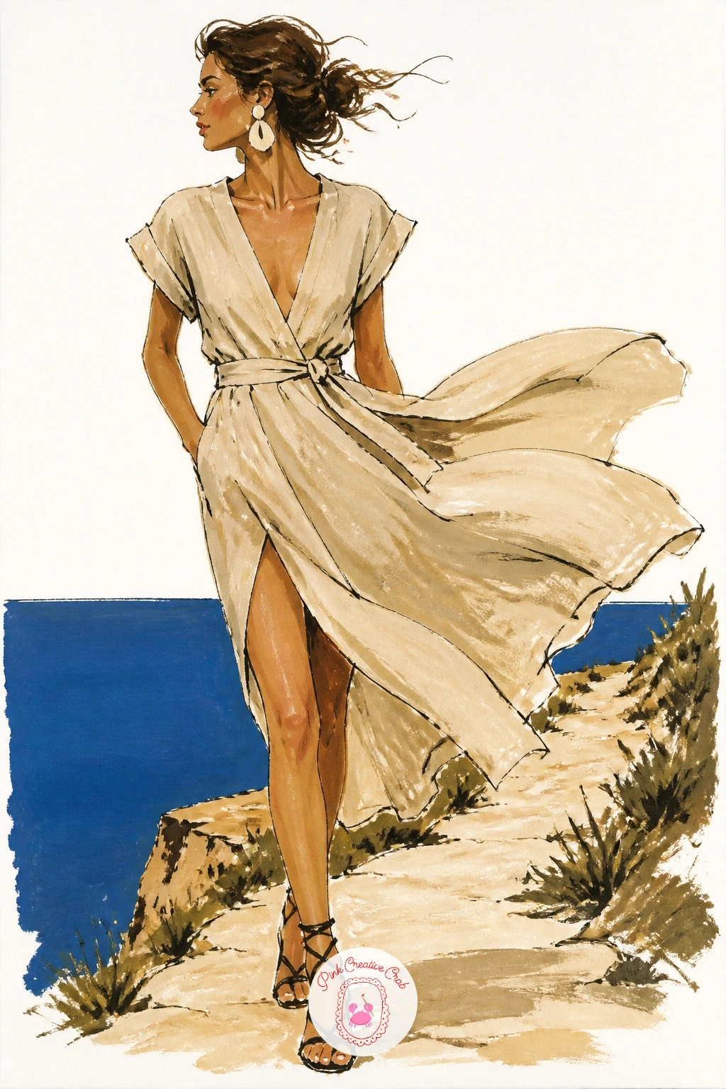 Linen Beach Dress Blowing on a Cliff Path — Decide where the wind comes from before you paint a single fold, because a linen beach dress blowing on a cliff
