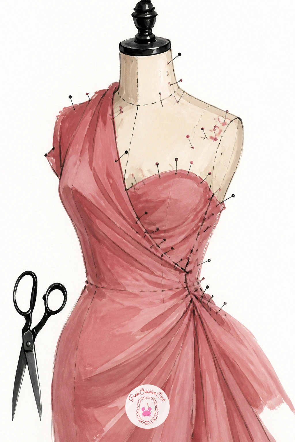 Dress Form in a Sewing Studio Covered in Pins — Switch from finished garments to a dress form mid-construction, half-draped fabric and pins catching the light