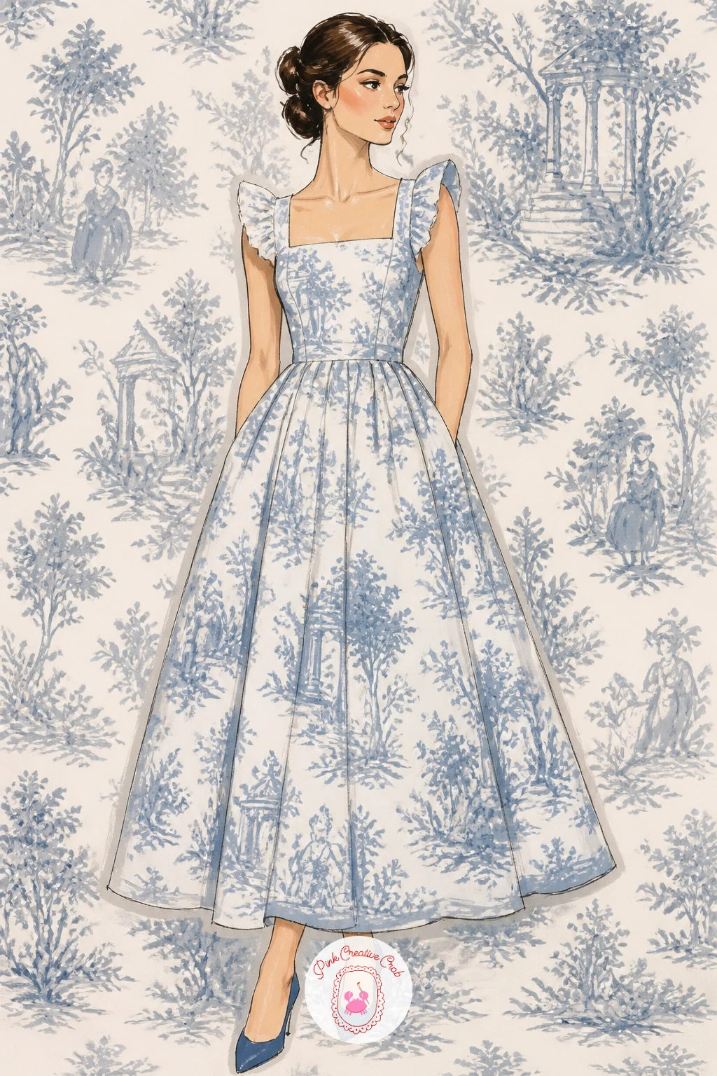 Toile Print Dress Against Matching Wallpaper — Matching the dress to its background is the whole challenge of a toile print dress against matching wallpaper
