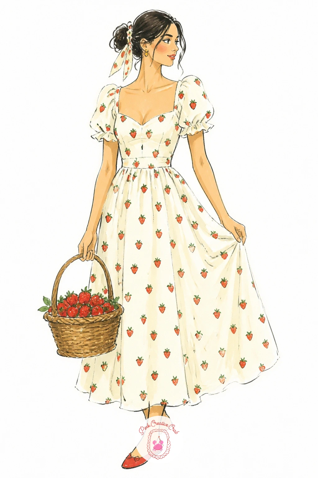 Strawberry Print Dress With a Wicker Basket — Return to a small repeated print, this time strawberries rather than toile, and work the same way you worked the