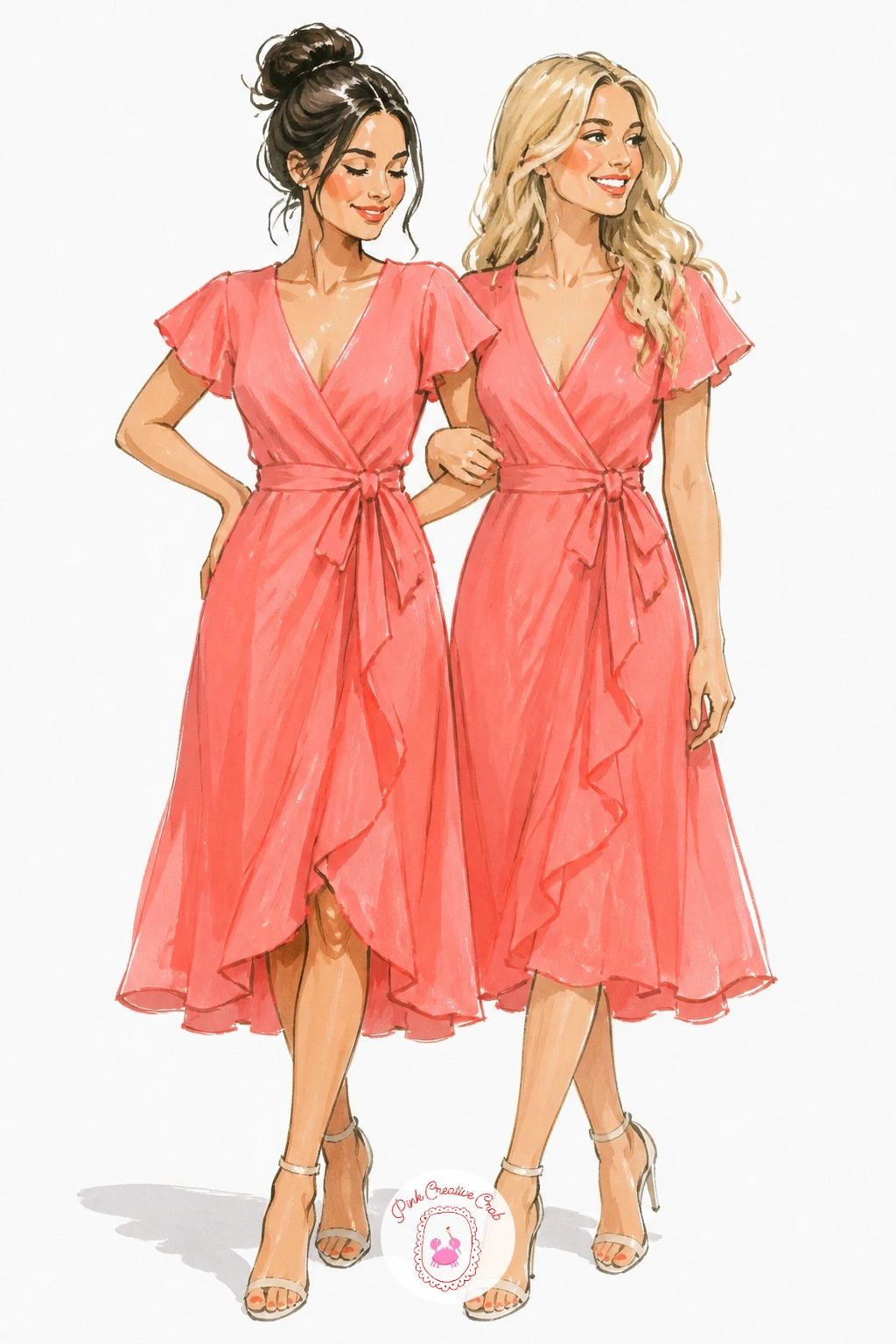 Two Friends in Matching Dresses — Painting two friends in matching dresses means repeating one dress design twice while keeping each figure clearly its own