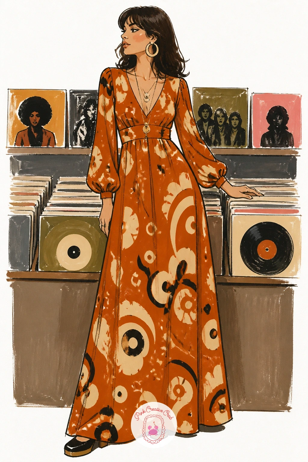 1970s Maxi Dress in a Record Shop — Pattern gets bolder now, so a 1970s maxi dress in a record shop is your chance to try a large scale print rather than the