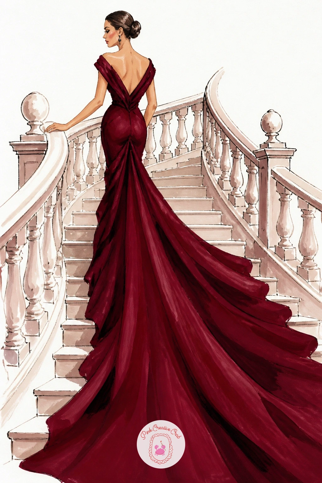 Gown With a Long Train on a Grand Staircase — Getting the proportion of a long train right is mostly about comparing lengths before you paint: the train