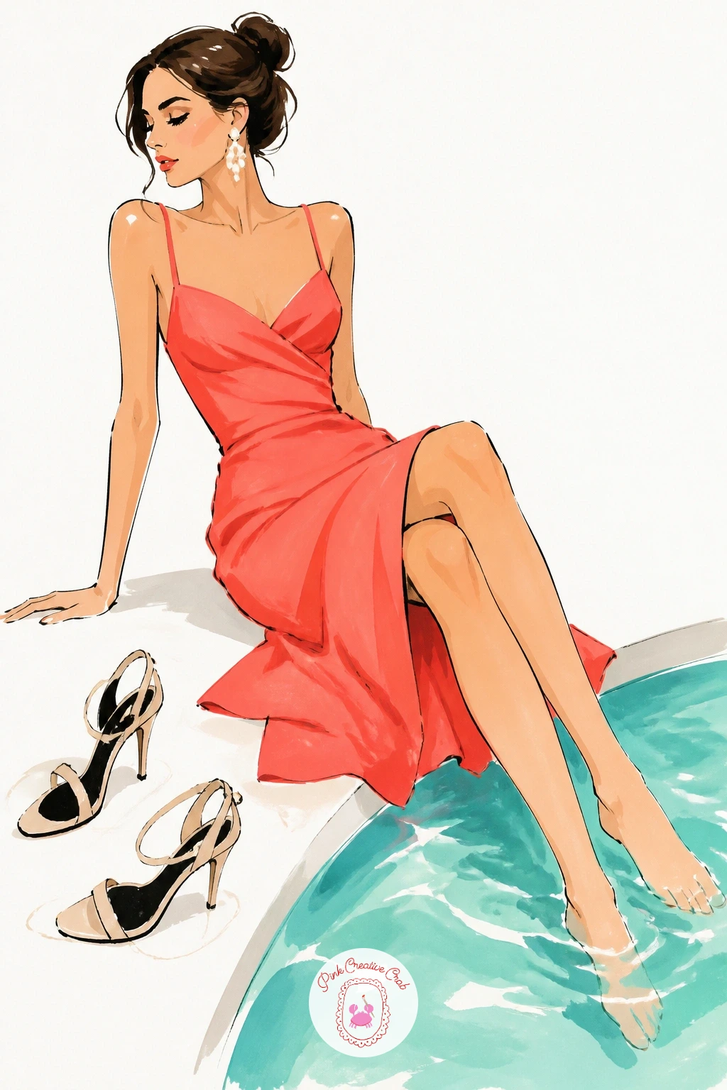 Cocktail Dress and Heels by a Pool — Keep the cocktail dress by the pool quick and breezy, a good ten minute sketch for a day when time is short. Dress painting