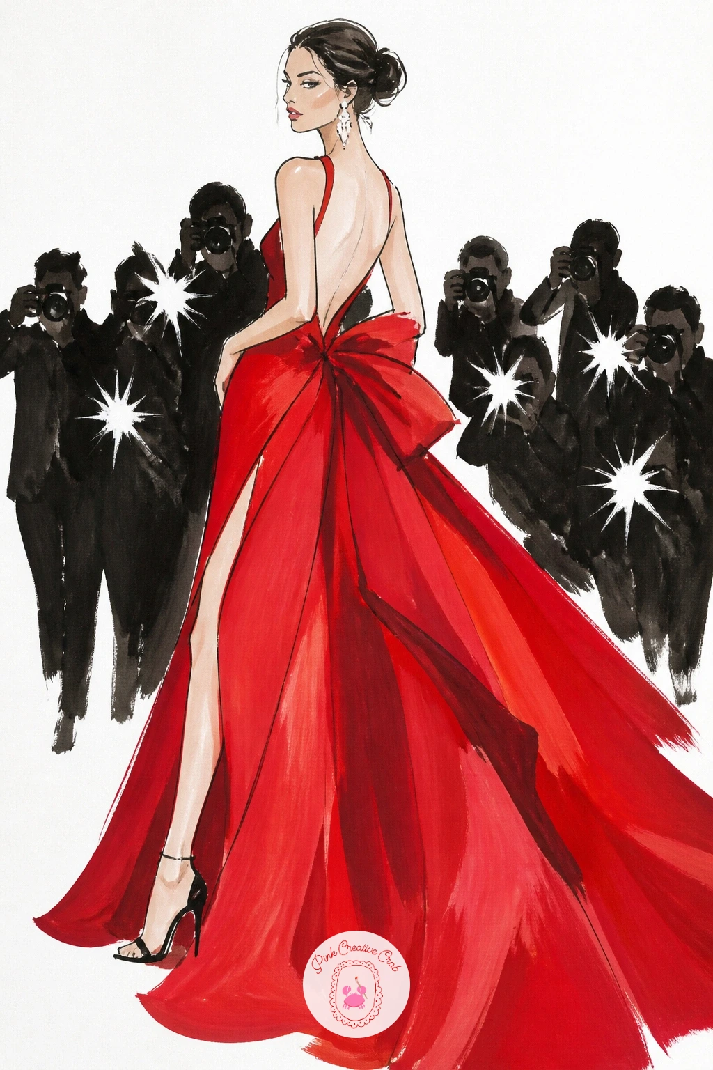 Red Carpet Gown With Photographers — End on drama with a red carpet gown and a scatter of photographers, which asks you to balance one striking figure against