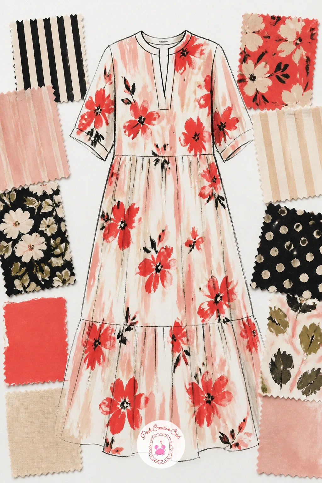 Dress Sketch on a Design Desk With Fabric Swatches — Close the whole series by stepping back from the figure entirely and painting the process instead: a dress