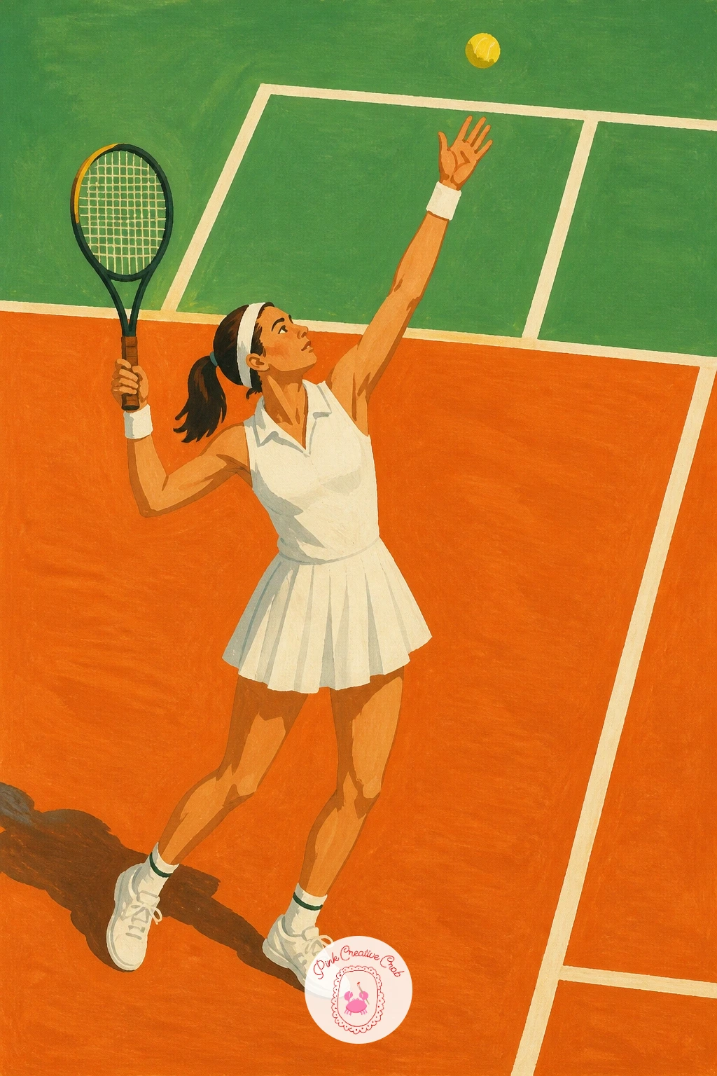Woman Serving on Clay Court — Start the whole list with a woman serving on a clay court, since it sets the palette you will reuse again and again: clay orange