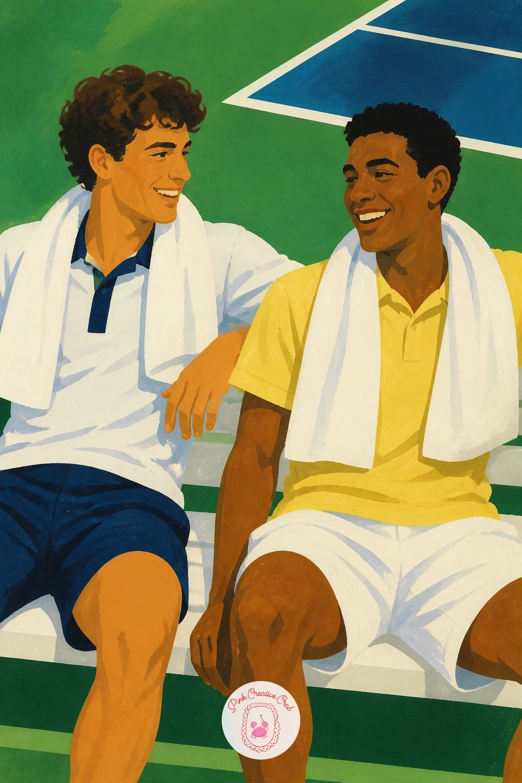 Two Friends Courtside With Towels — Two friends sitting courtside with towels around their shoulders makes a lovely next step once you are comfortable with one
