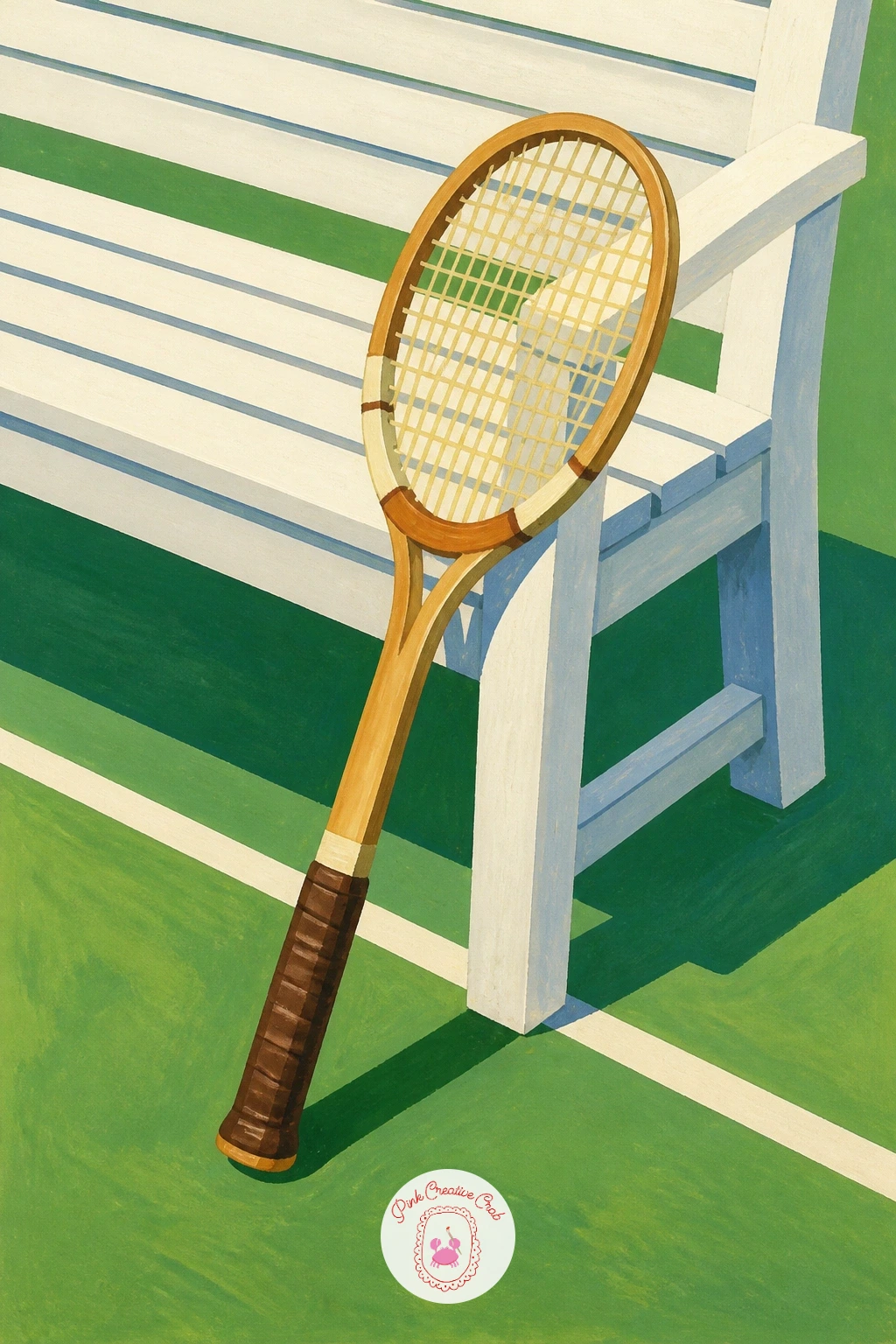 Racket Leaning on a White Bench — Give yourself a breather with a tennis racket leaning on a white bench, a quiet object study that works beautifully as a