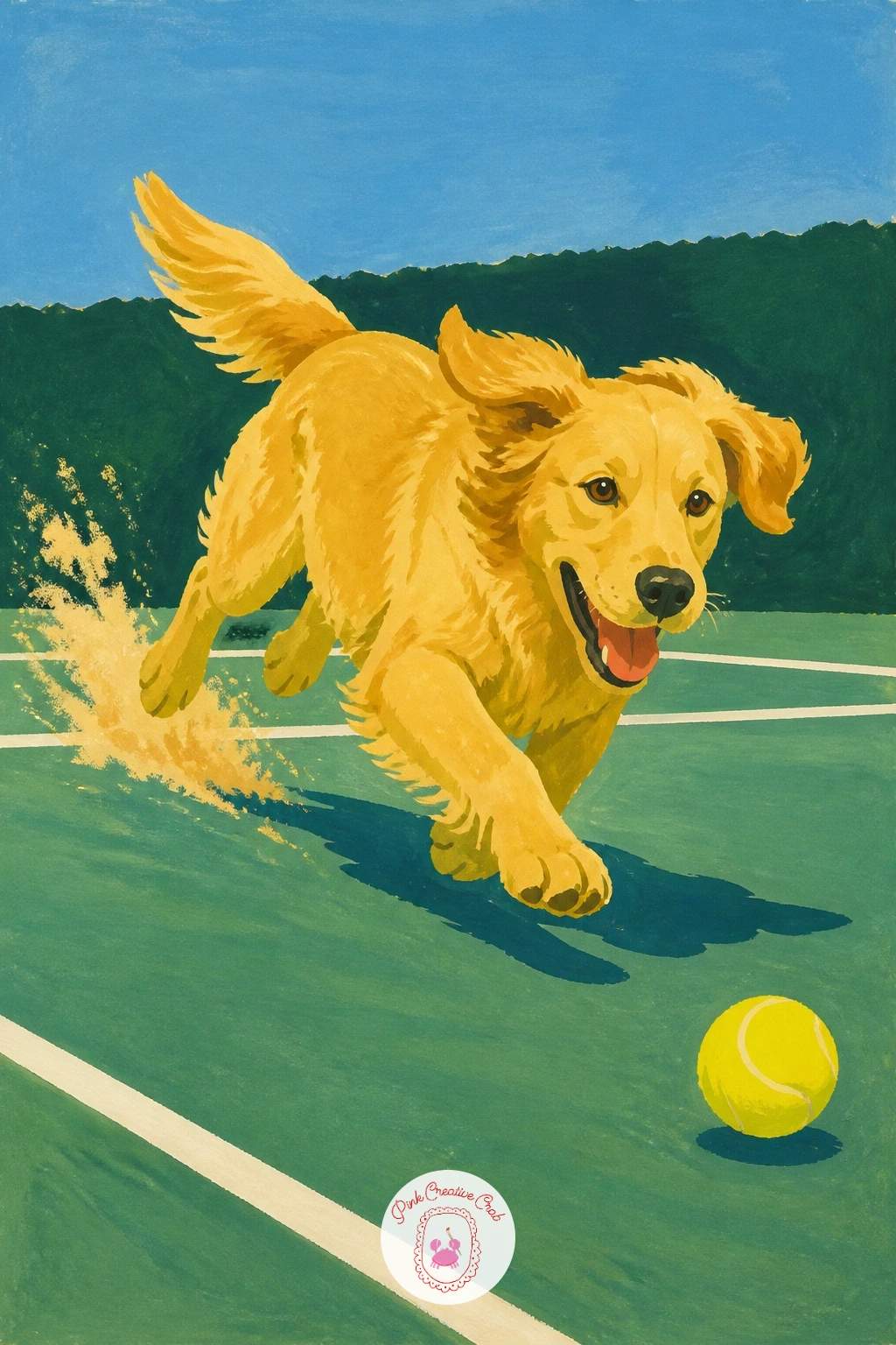 Dog Chasing a Tennis Ball — Add some movement and charm with a dog chasing a tennis ball, a subject that brings pets into your tennis art painting without