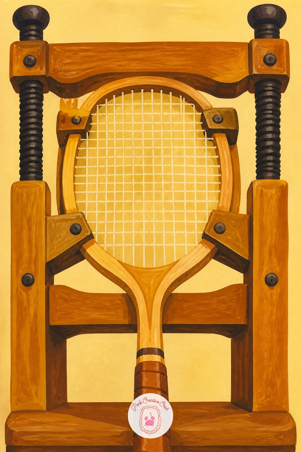 Vintage Wooden Racket in Its Press — Slow back down with a vintage wooden racket in its press, a nostalgic still life that suits anyone drawn to the vintage