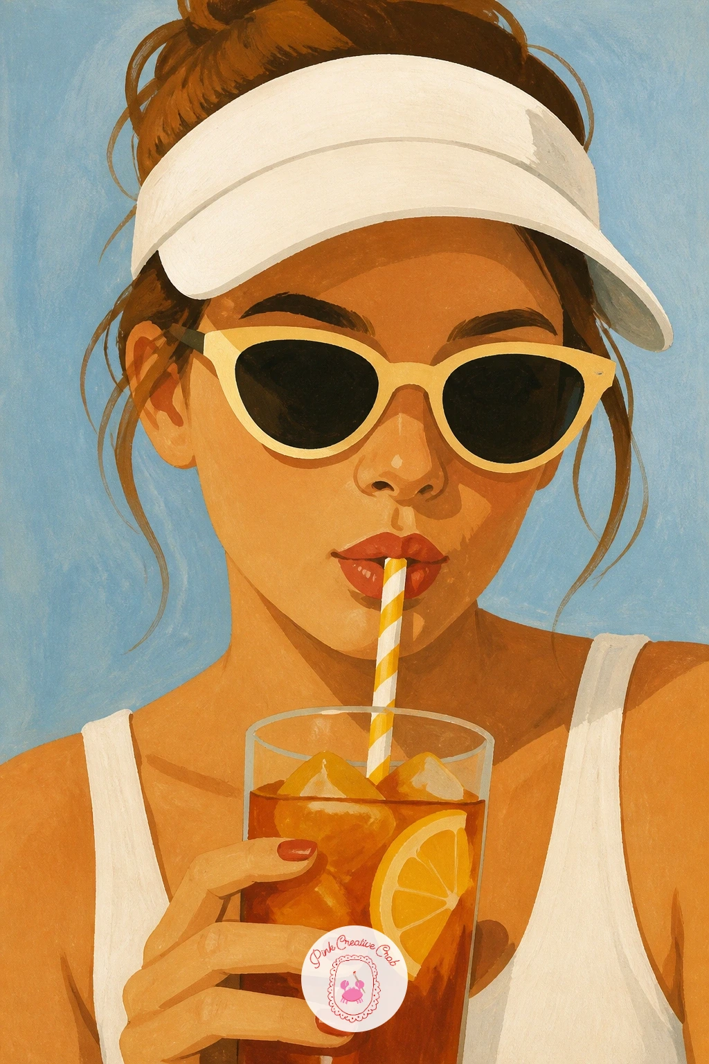 Girl in a Visor Drinking Iced Tea — Bring a figure back in with a girl in a visor drinking iced tea, a relaxed portrait moment rather than any action pose.