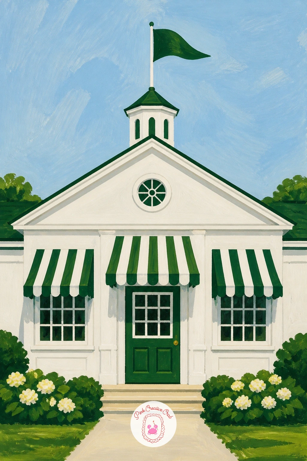 Club Pavilion With Striped Awnings — Widen back out to a full setting with a club pavilion with striped awnings, a lovely architectural subject that anchors