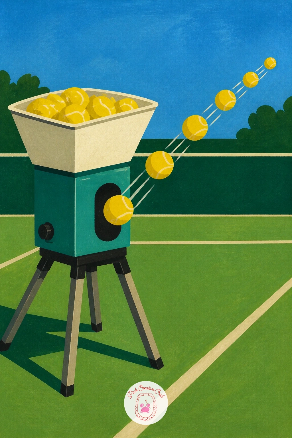 Ball Machine Shooting Balls — Add a burst of energy with a ball machine shooting balls across a court, a fun mechanical subject that breaks up all the figures