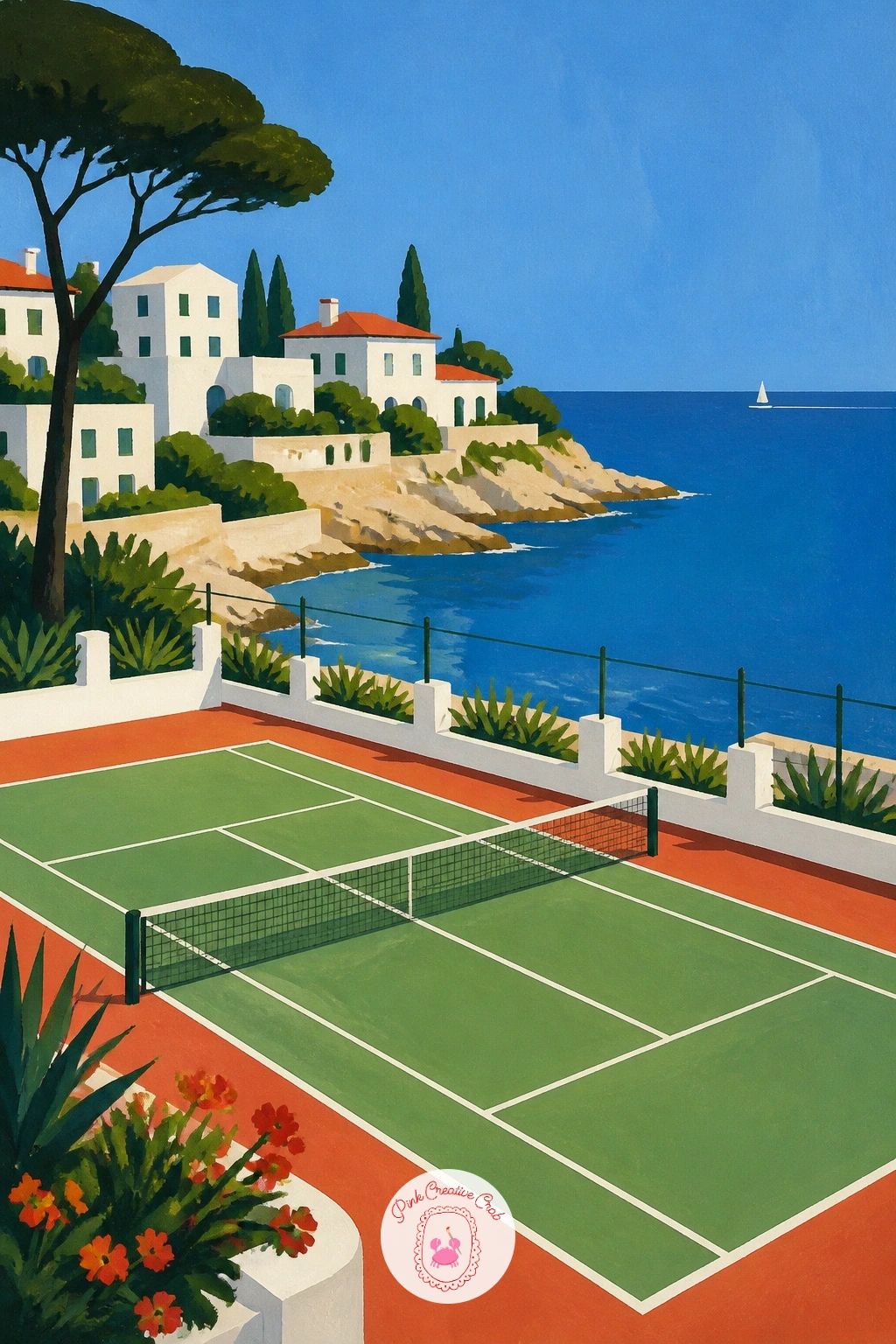 Court by the Sea With White Villas — Take the scene coastal with a court by the sea with white villas, a dreamy subject that pairs the club palette with a