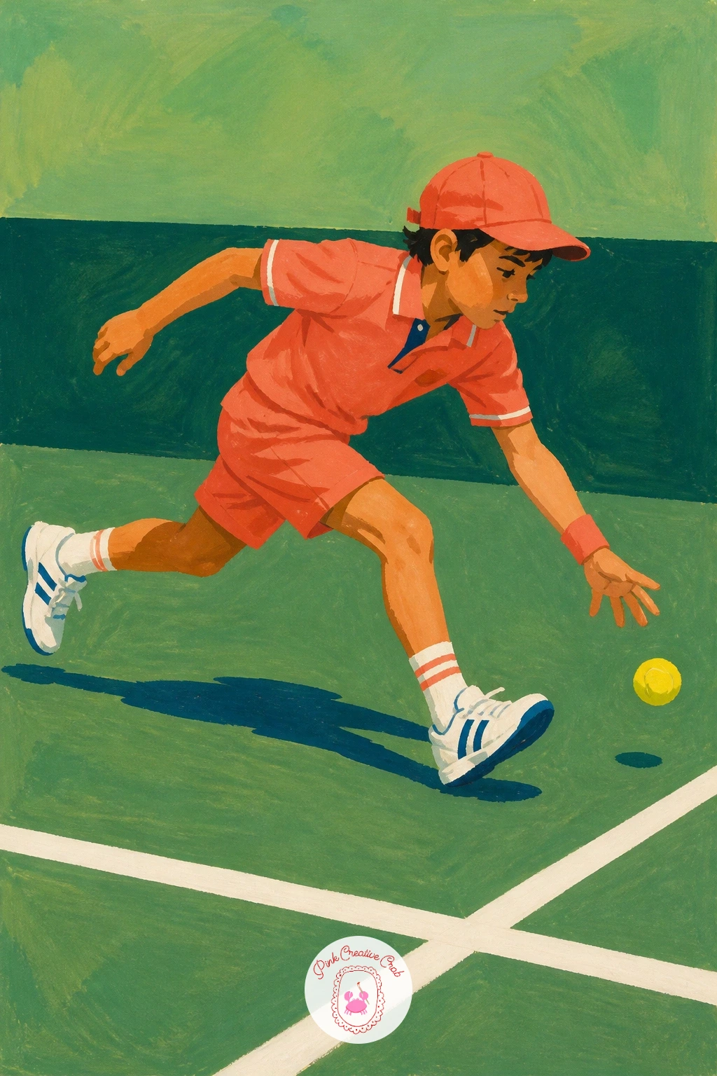 Ball Kid Running Across the Court — Bring energy back with a ball kid running across the court, a fun small figure subject full of movement. Tennis art painting