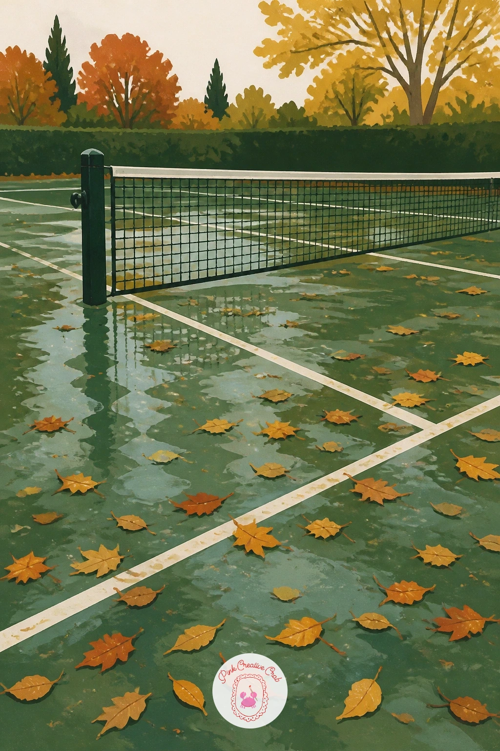 Empty Court With Fallen Leaves After Rain — Slow the mood with an empty court with fallen leaves after rain, a quieter autumnal subject that stands apart from
