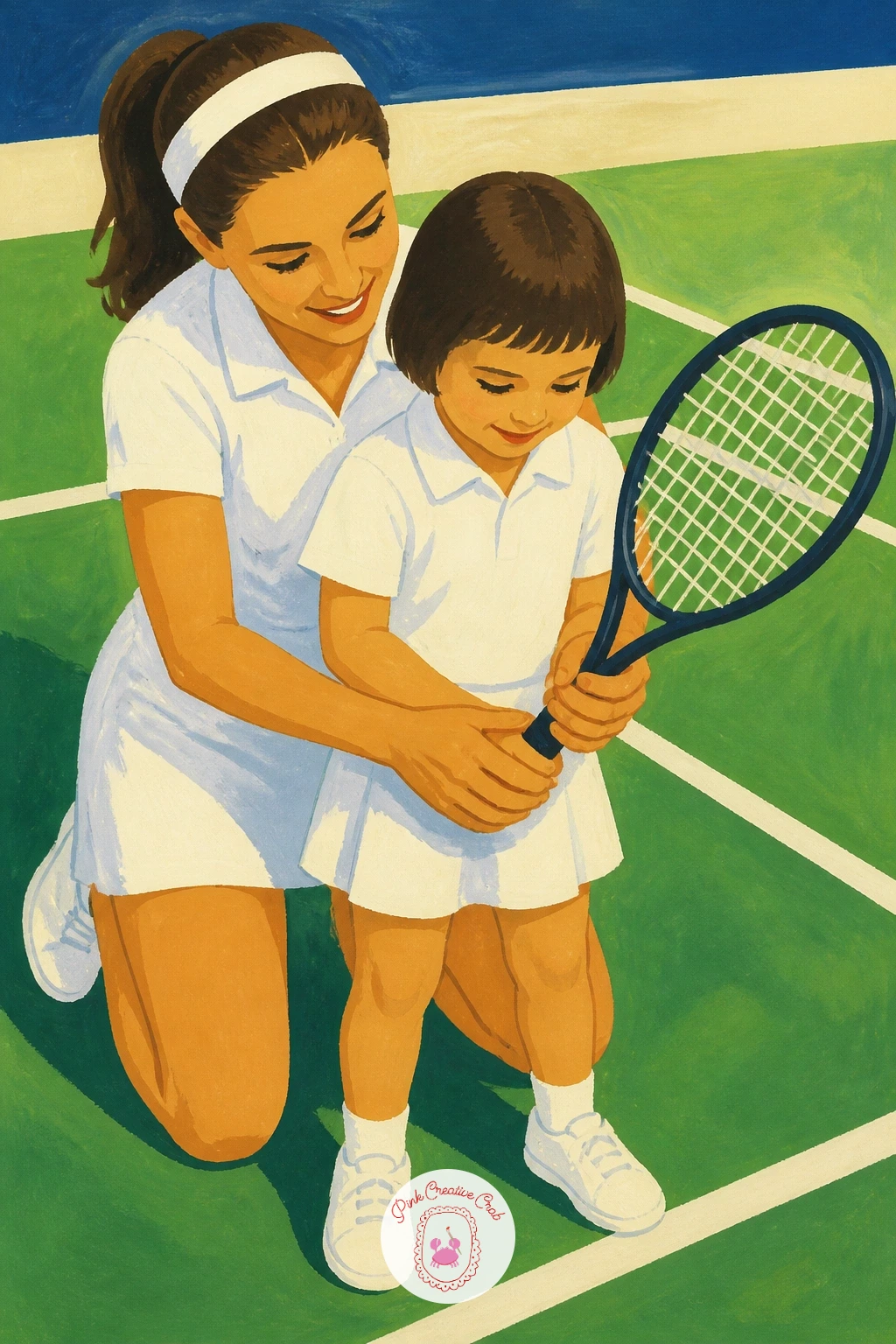 Mother Teaching a Child to Hold a Racket — Add real warmth with a mother teaching a child to hold a racket, a tender two-figure scene that works beautifully at