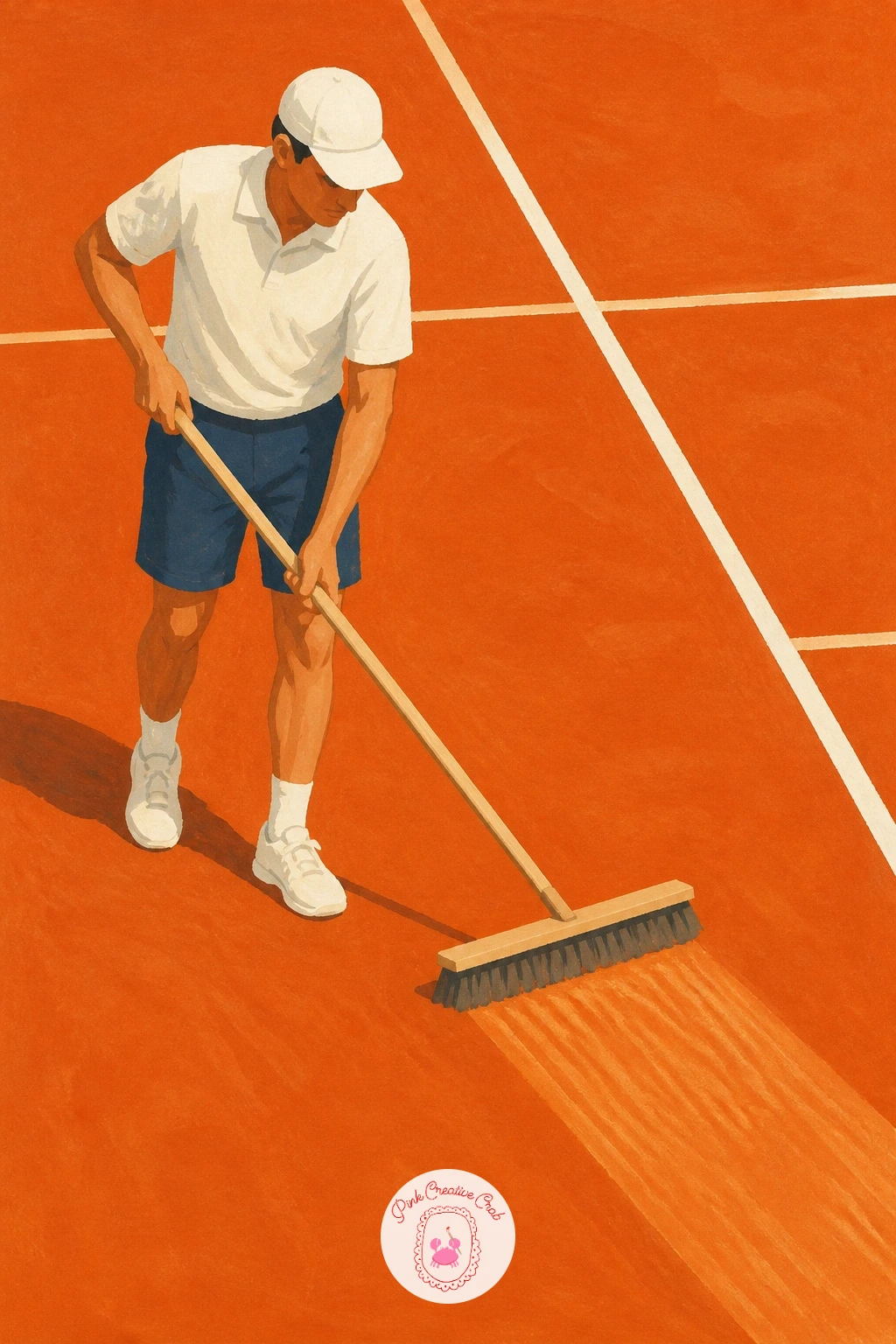 Groundskeeper Sweeping Lines on Clay — Return to a single working figure with a groundskeeper sweeping lines on orange clay, a nice behind the scenes moment