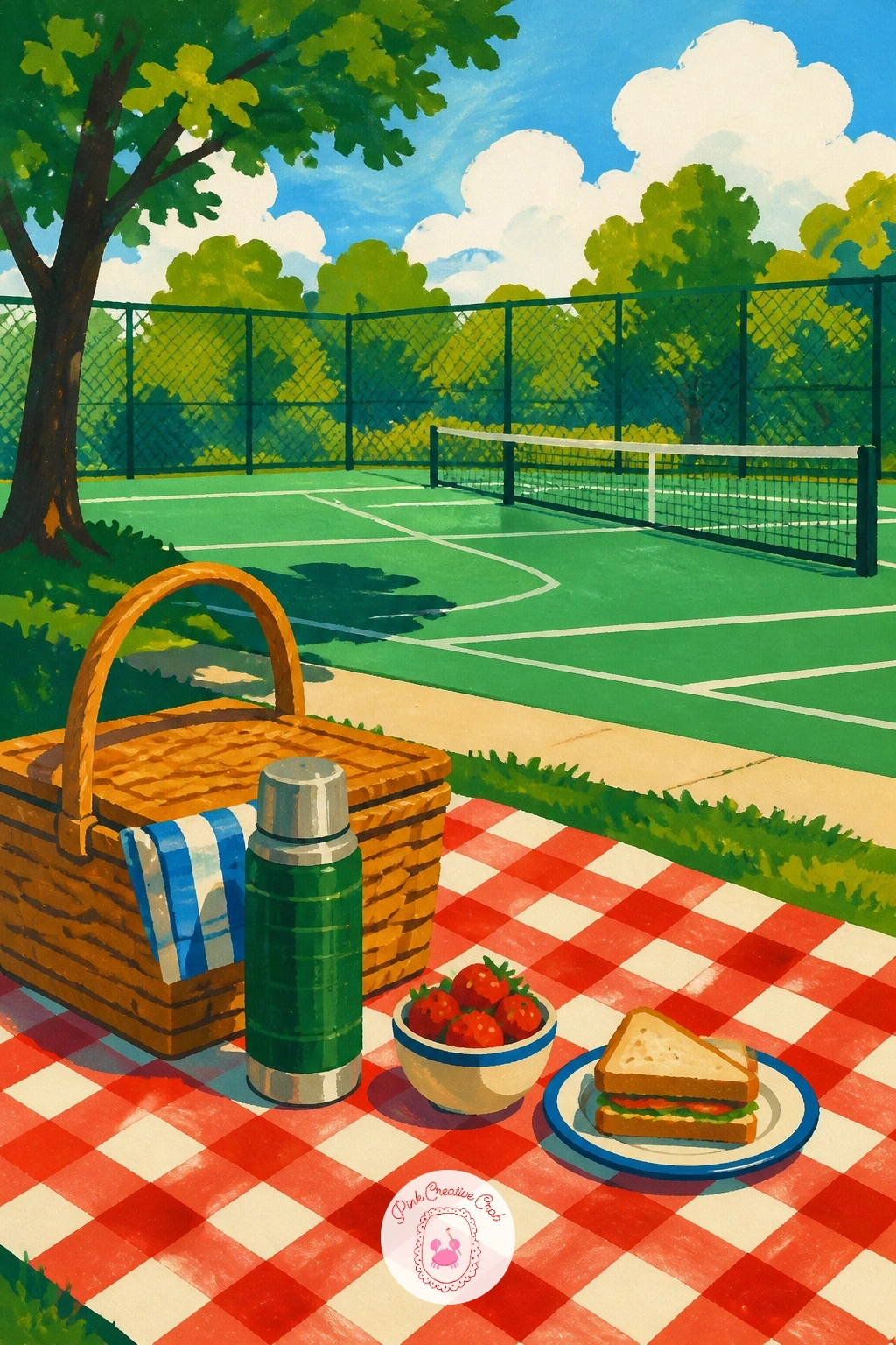 Picnic Blanket Beside a Public Court — Soften the mood with a picnic blanket beside a public court, a relaxed scene that pairs well with the earlier grass