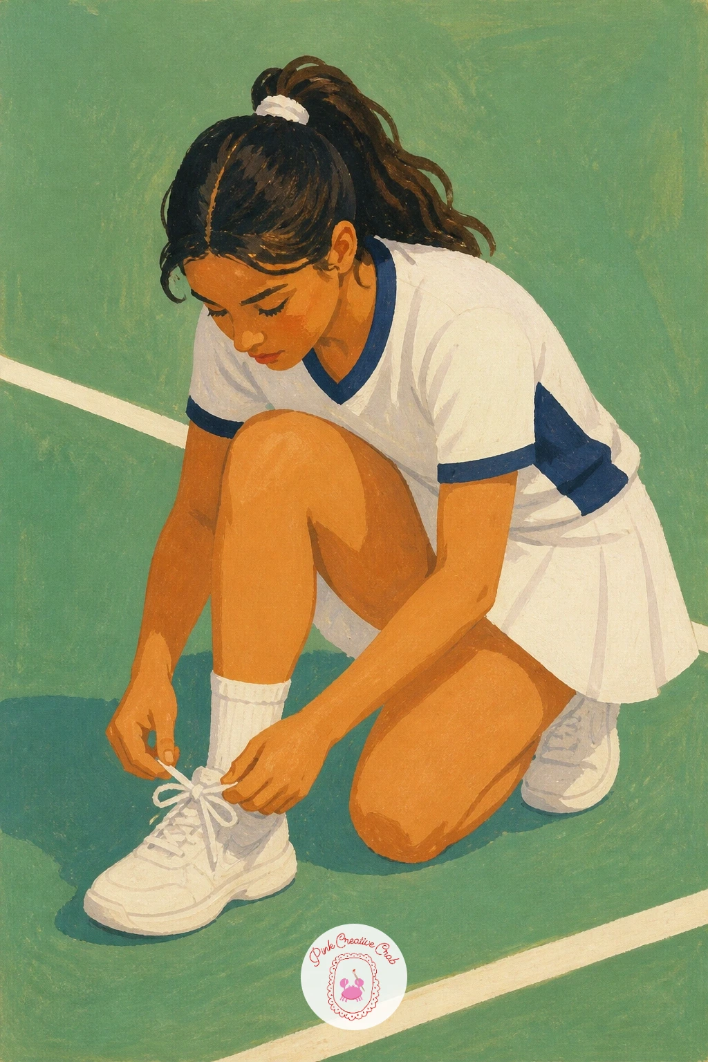 Girl Tying Sneakers Before a Match — Capture a quieter pre-match moment with a girl tying her sneakers before a match, a nice intimate pose that contrasts well