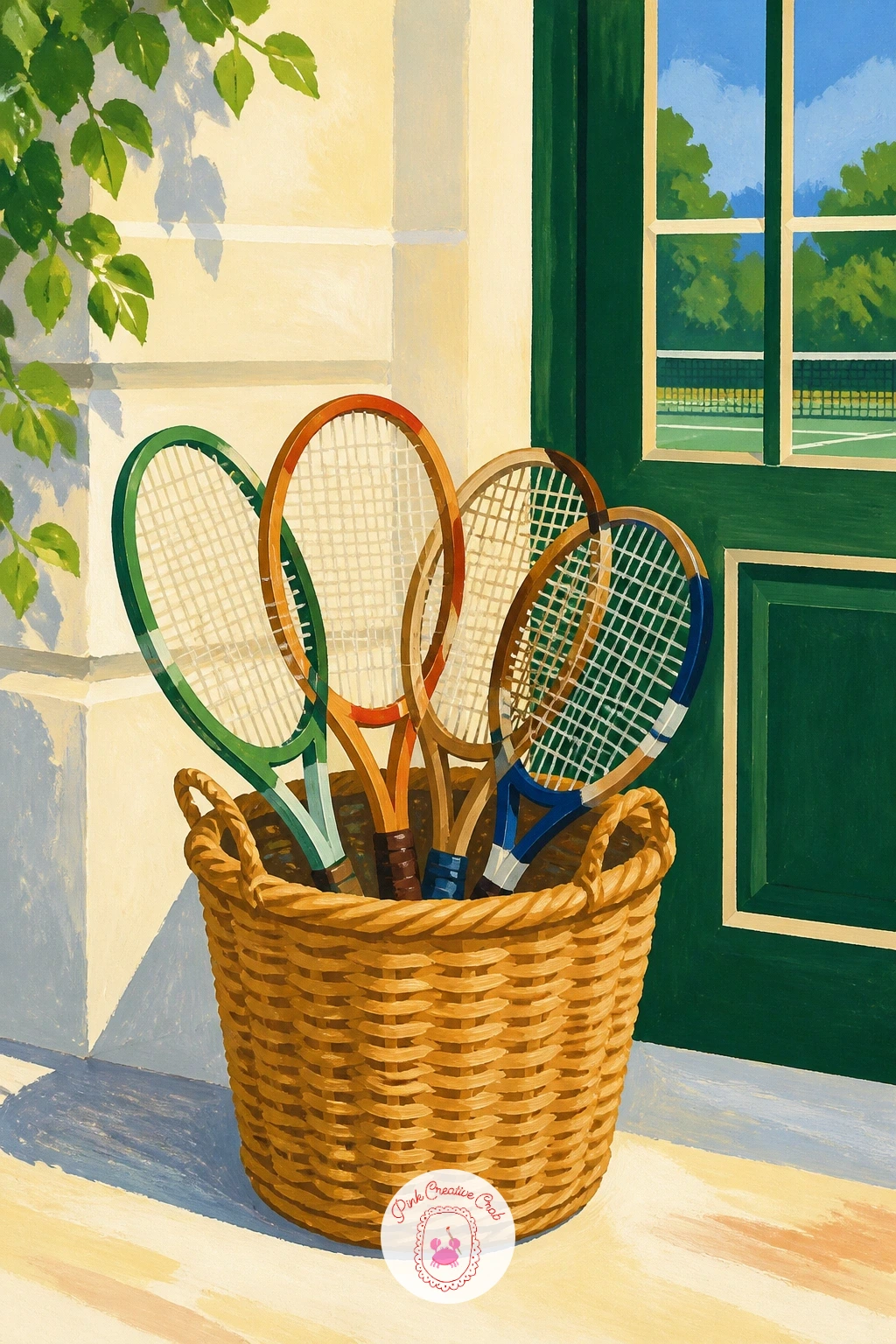 Rackets in a Wicker Basket at Club Entrance — Bring back a vintage still life feeling with rackets in a wicker basket at a club entrance, a lovely companion