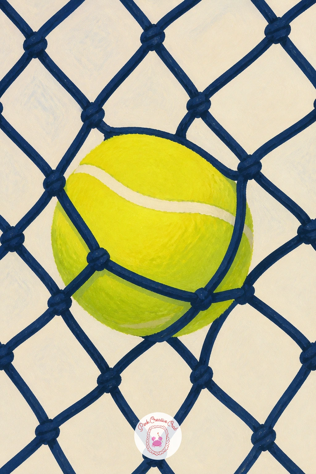 Ball Caught in the Net — Zoom right in close with a ball caught in the net, a simple graphic moment that makes a surprisingly strong small piece. Tennis art
