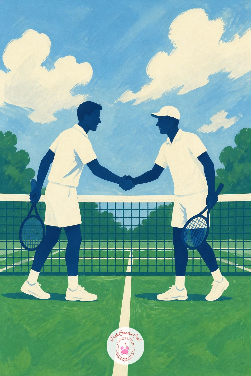 Players Shaking Hands at the Net — Close the whole series out with players shaking hands at the net, a warm finishing moment that wraps up your tennis art