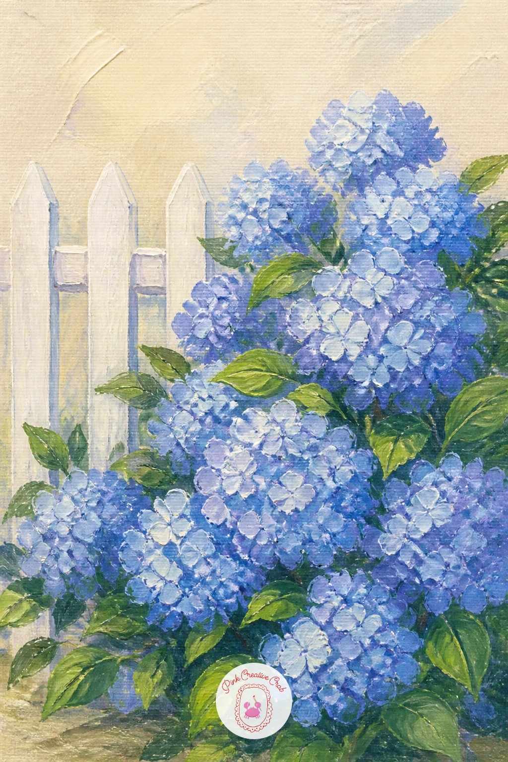 Blue Hydrangea Bush by a Picket Fence — Start where the eye naturally lands first: a blue hydrangea bush spilling along a white picket fence. Hydrangea painting