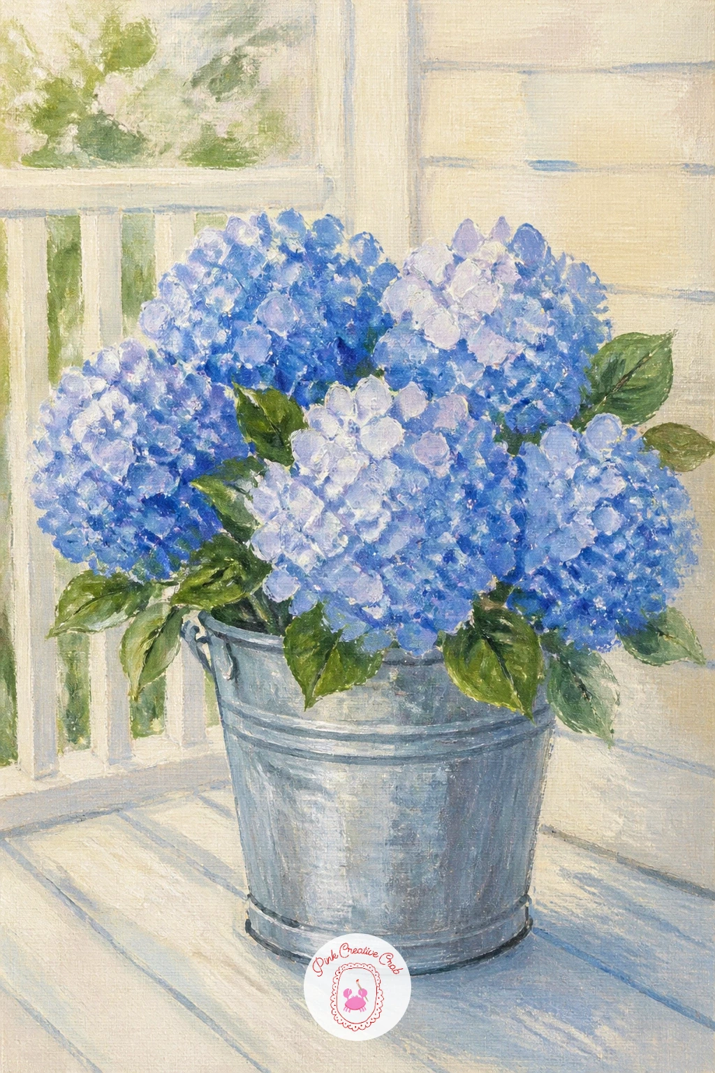 Hydrangeas in a Galvanized Bucket on a Porch — Move from the garden to the porch with hydrangeas gathered into a galvanized bucket. Hydrangea painting