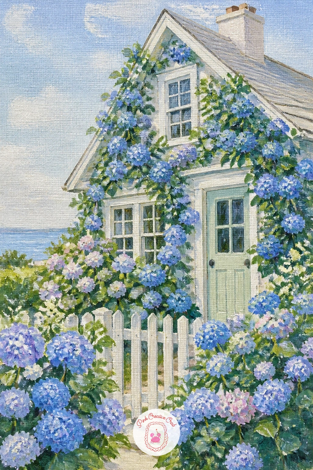 Coastal Cottage Covered in Hydrangeas — Scale up now to a coastal cottage with hydrangeas climbing its walls. Hydrangea painting