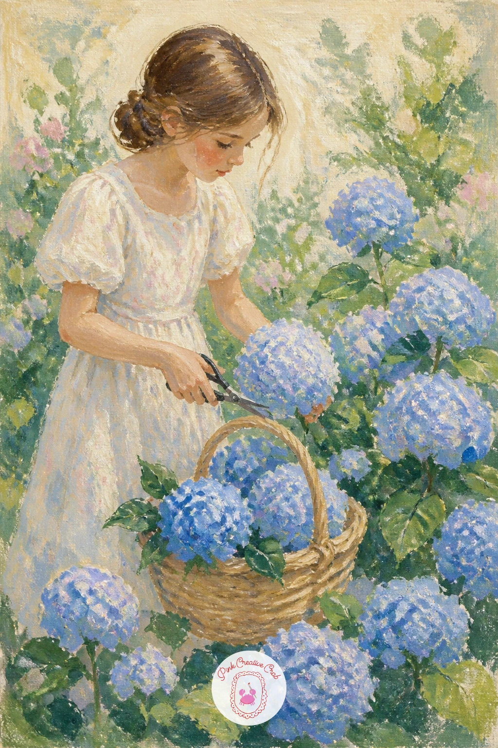 Girl Cutting Hydrangeas Into a Basket — Bring a figure into the garden with a girl cutting hydrangeas into a basket. Hydrangea painting