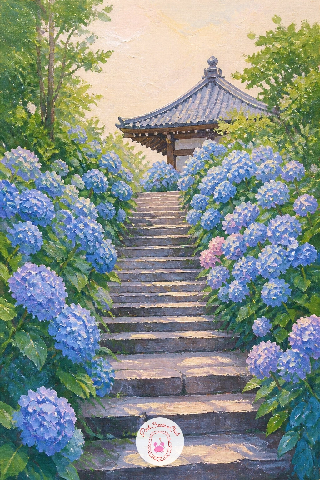 Hydrangeas Lining Temple Steps in Japan — Take the hydrangeas somewhere specific now, lining a set of stone steps up to a Japanese temple. Hydrangea painting