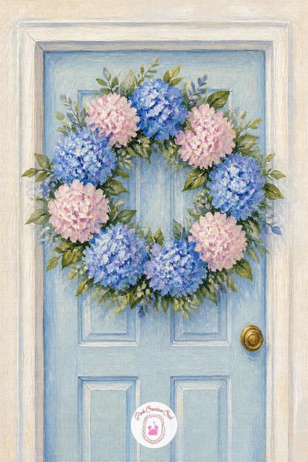 Hydrangea Wreath on a Front Door — Bring the garden to the doorstep with a hydrangea wreath hung on a front door. Hydrangea painting