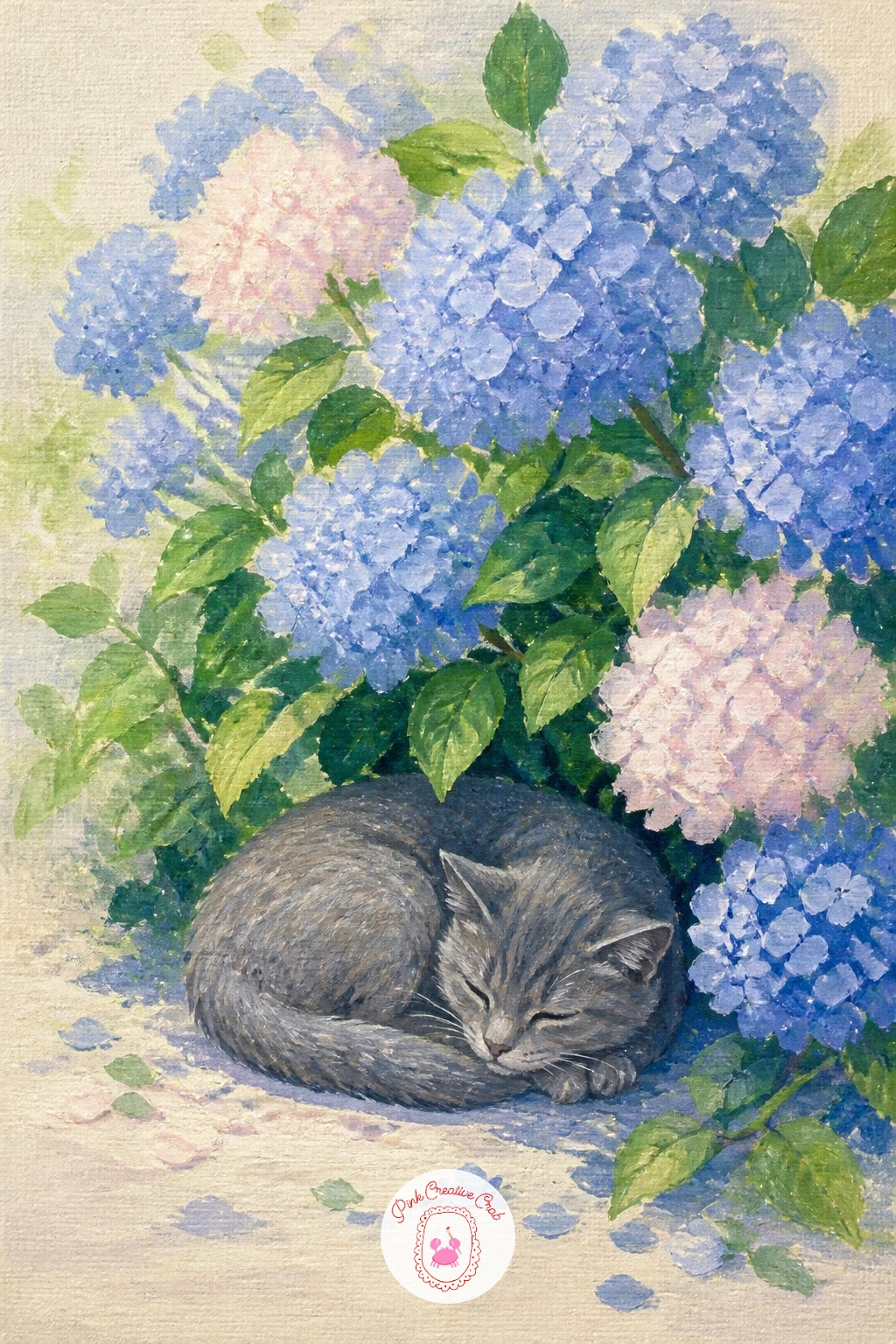 Cat Asleep Under Hydrangeas — Add a quiet character with a cat asleep under a hydrangea bush, curled in the cool shade of the leaves. Hydrangea painting