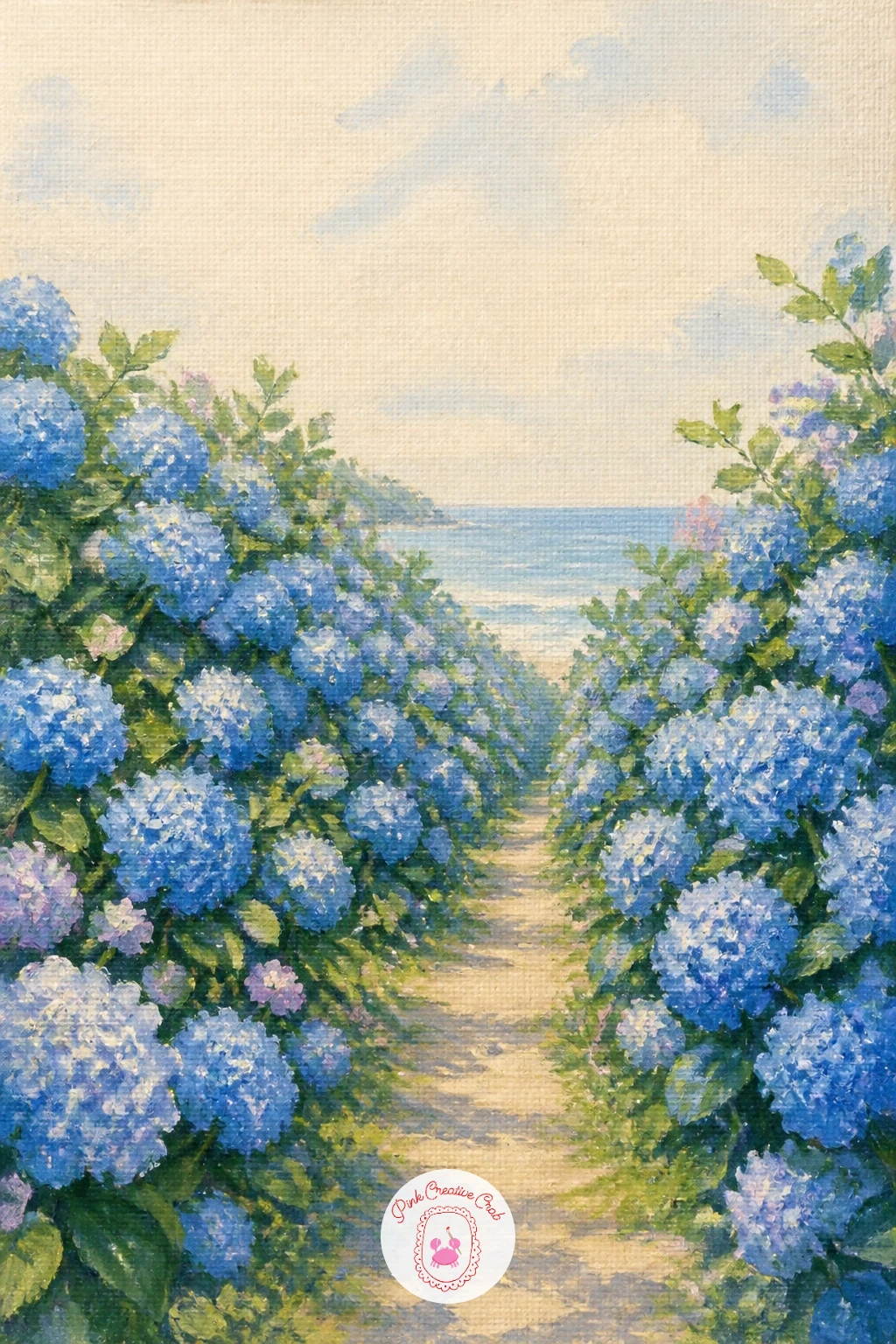 Hydrangea-Lined Lane Leading to the Sea — Open the view out wide with a hydrangea-lined lane leading down to the sea in the distance. Hydrangea painting