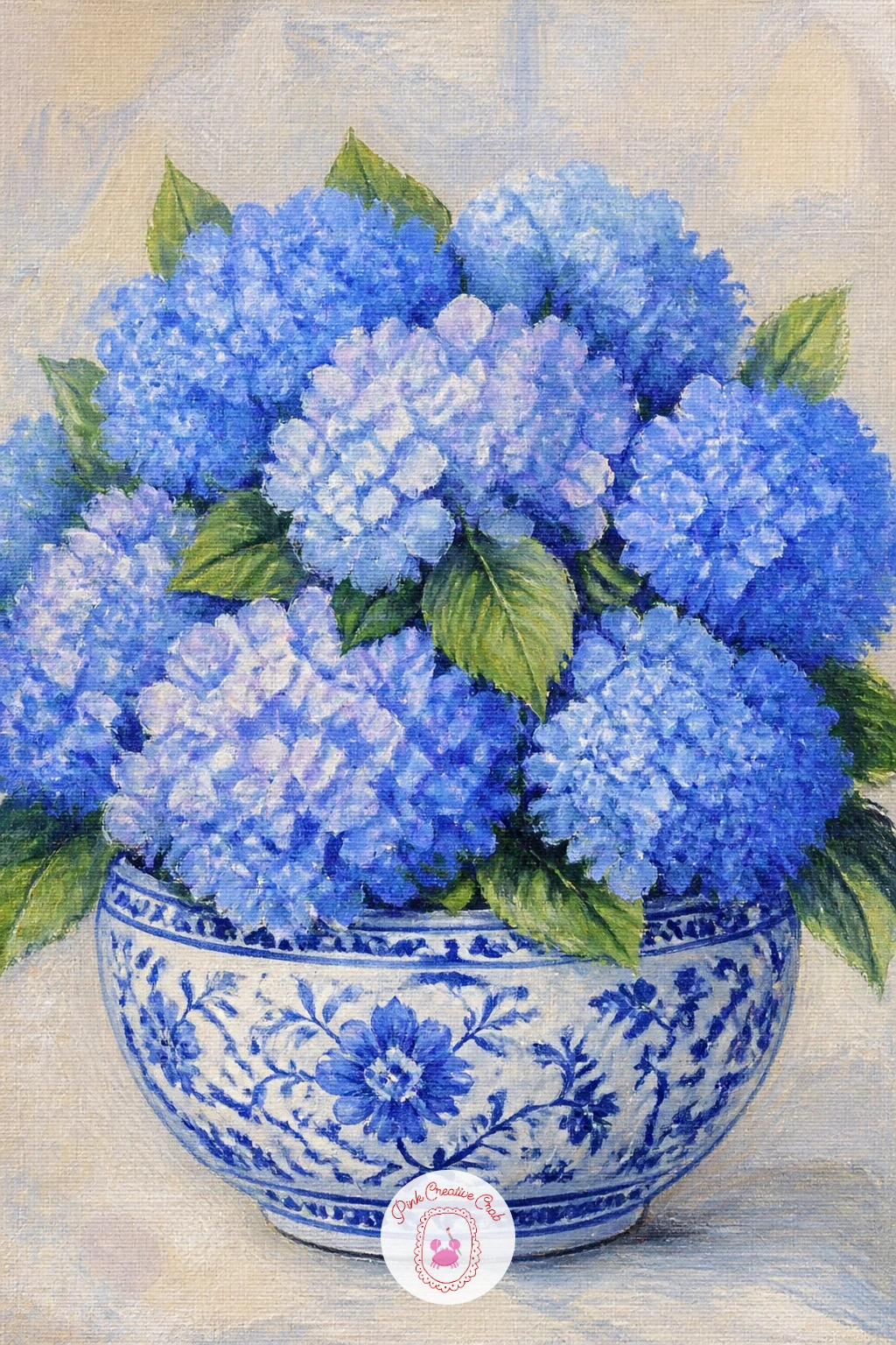 Hydrangeas in a Blue and White China Bowl — Bring the flowers indoors for hydrangeas arranged in a blue and white china bowl, a lovely pairing with that blue