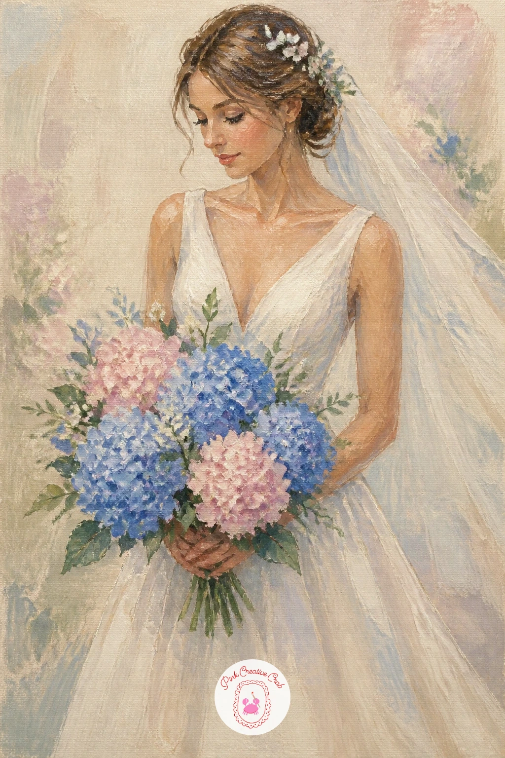 Bride Holding a Hydrangea Bouquet — Give the florals a romantic turn with a bride holding a hydrangea bouquet, her dress and the blooms sharing the frame as