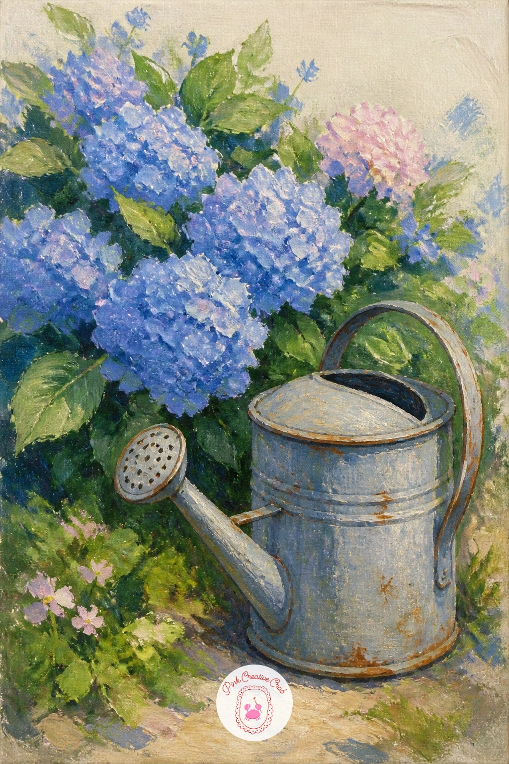Vintage Watering Can Beside Hydrangeas — Pair the flowers with an object this time, a vintage watering can resting beside a hydrangea bush. Hydrangea painting