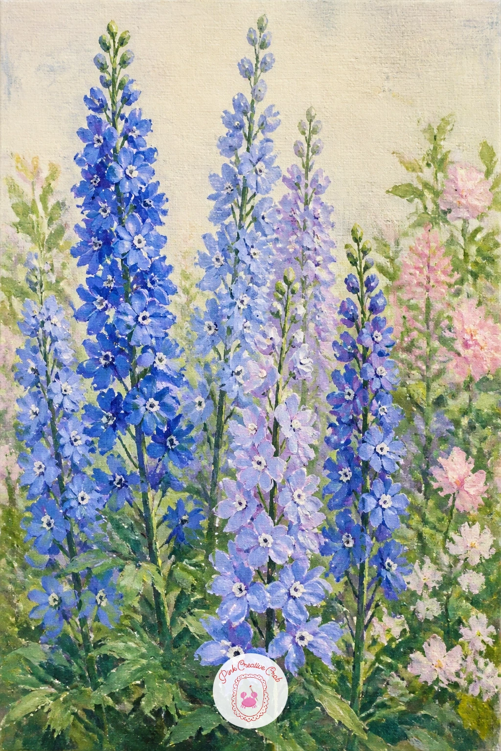 Delphiniums in a Cottage Border — Climb upward next with tall delphinium spires standing in a cottage garden border. Hydrangea painting