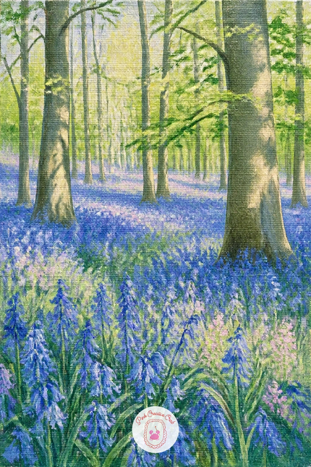 Bluebells in a Beech Wood — Carry the blue theme into woodland with a carpet of bluebells spreading beneath beech trees. Hydrangea painting
