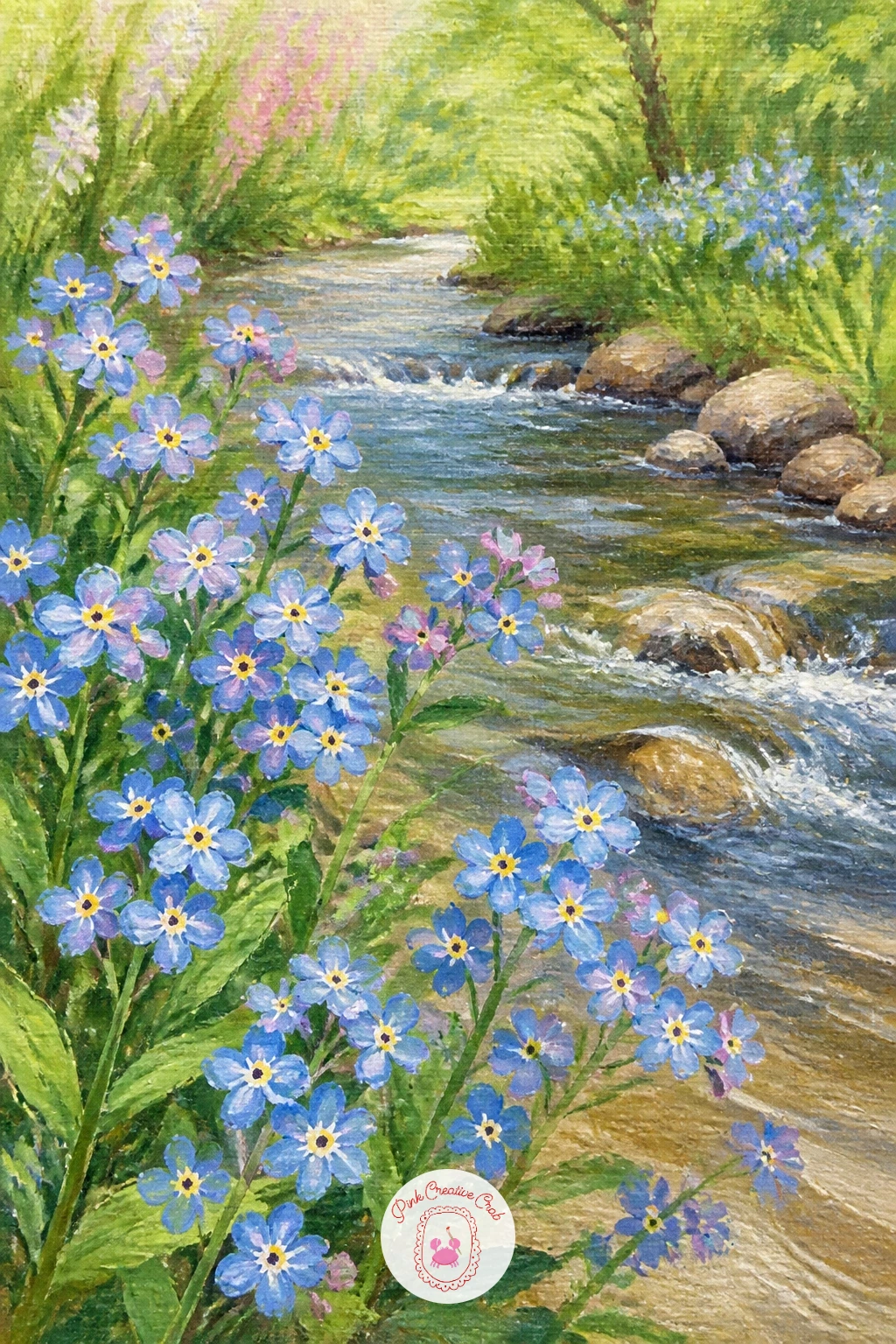 Forget-Me-Nots by a Stream — Scale right down now for forget-me-nots clustered beside a gently moving stream. Hydrangea painting