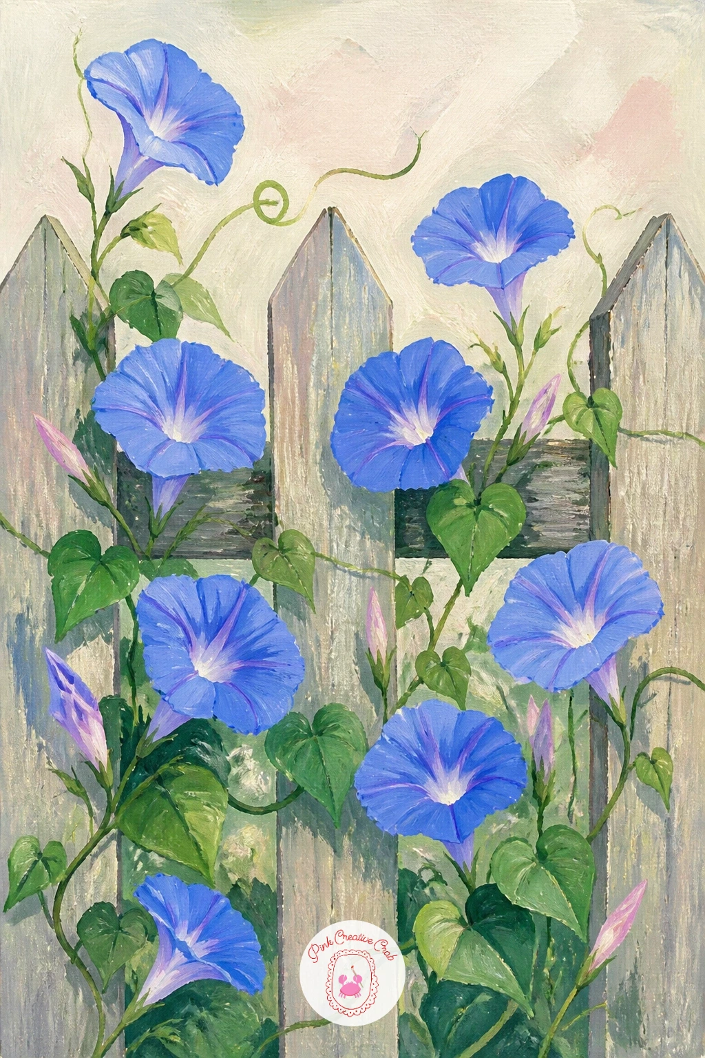Morning Glories on a Fence — Climb a trellis next with morning glories twining up a garden fence. Hydrangea painting