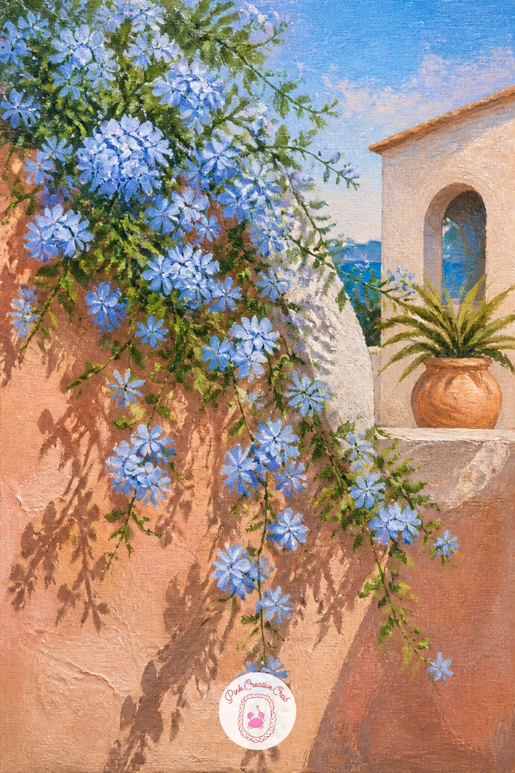 Plumbago on a Mediterranean Terrace — Travel briefly to a Mediterranean terrace where plumbago spills pale blue blooms along a sun-warmed wall. Hydrangea