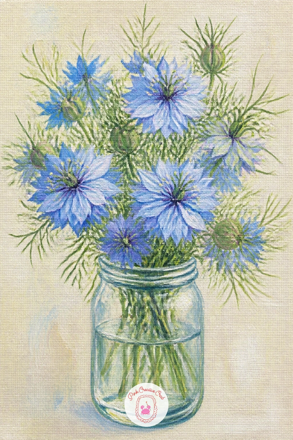 Love-in-a-Mist in a Jar — Return to a simple jar arrangement, this time with love-in-a-mist, instantly recognizable for its wispy green thread-like foliage