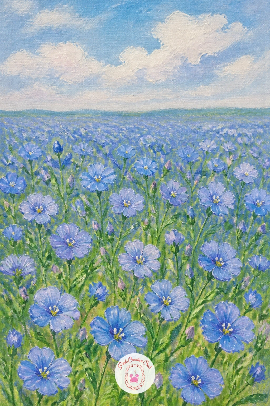 A Field of Blue Flax — Open the view out again for a whole field of blue flax swaying under an open sky. Hydrangea painting