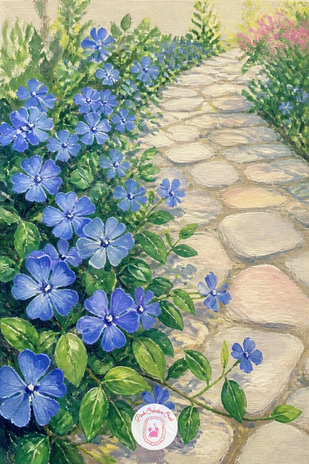 Periwinkle Along a Garden Path — Bring the scale back down with periwinkle trailing low along the edge of a garden path. Hydrangea painting